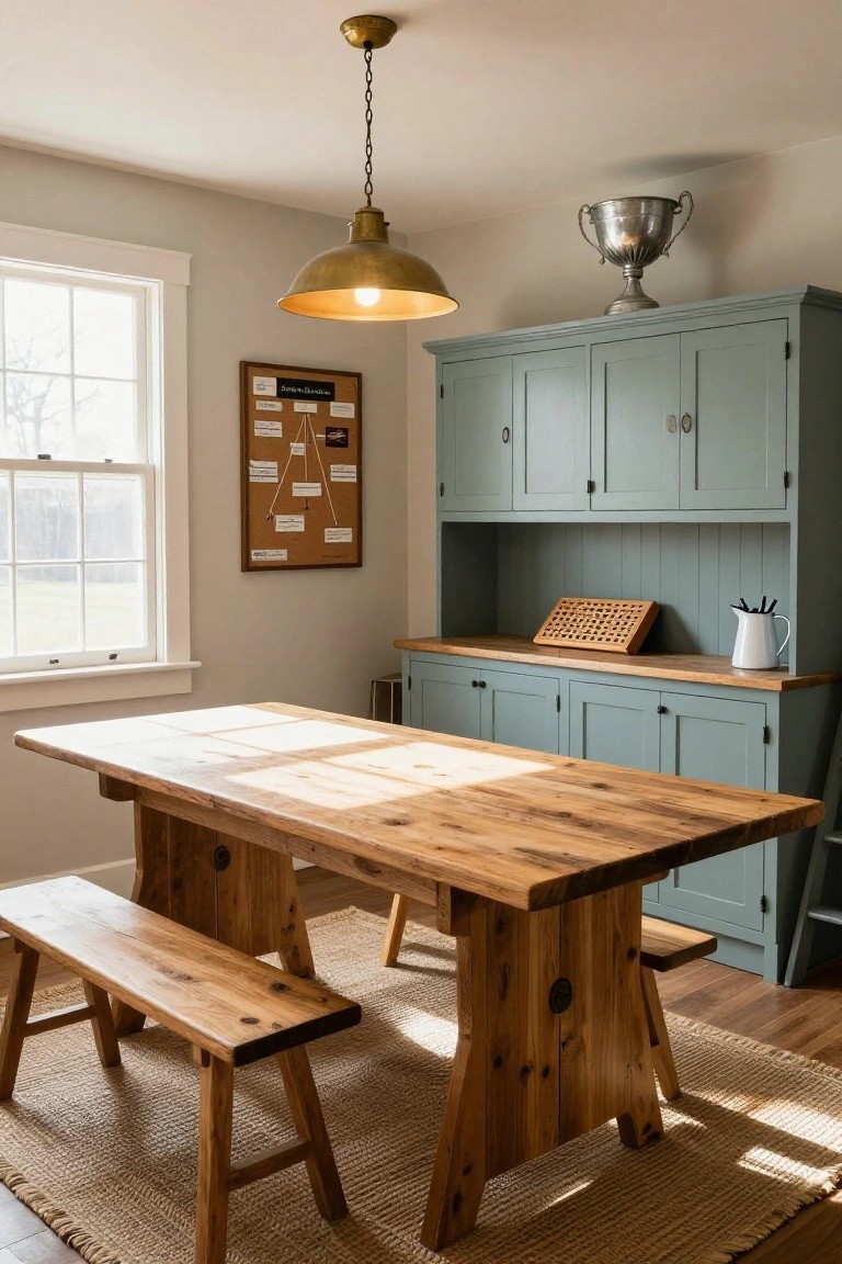Sunlit room interior showing a large rustic oak trestle table with two wooden benches on a seagrass rug, next to sage green cabinets topped with a silver trophy, a brass pendant lamp overhead, and a cork bulletin board on the wall.