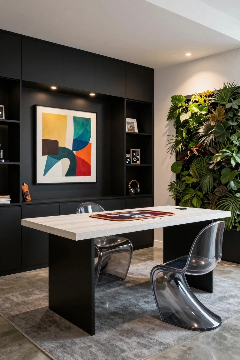 Modern home office with black built-in cabinetry and shelving, white desk on black legs, two clear acrylic chairs, abstract geometric artwork, headphones on shelf, and lush vertical green plant wall.