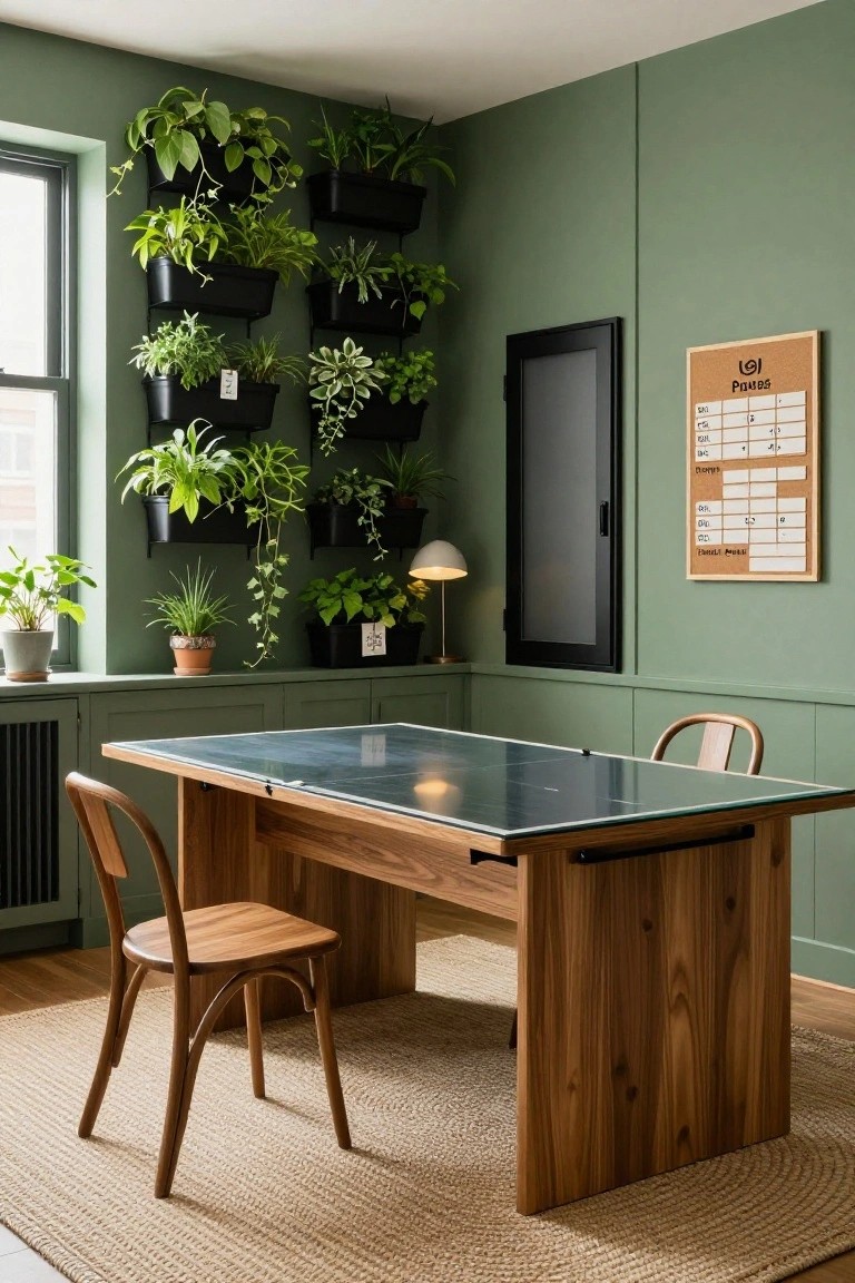 Green-painted corner room interior featuring extensive wall-mounted black planters filled with various green houseplants, wooden desk with glass top over green surface, cork scoreboard labeled 