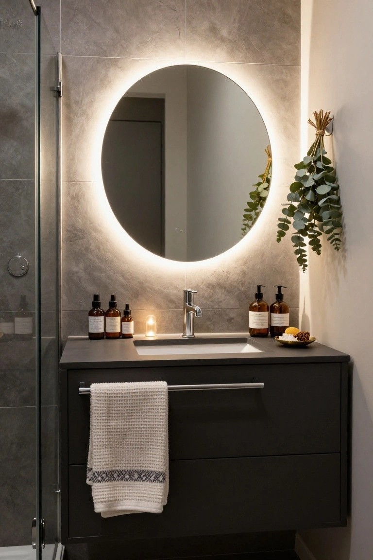 Modern bathroom featuring a large round backlit mirror above a black floating vanity with sink, flanked by brown glass bottles, a small candle, and citrus in a dish, with gray textured walls, glass shower enclosure, hanging dried grasses and eucalyptus, and a white towel on a bar.