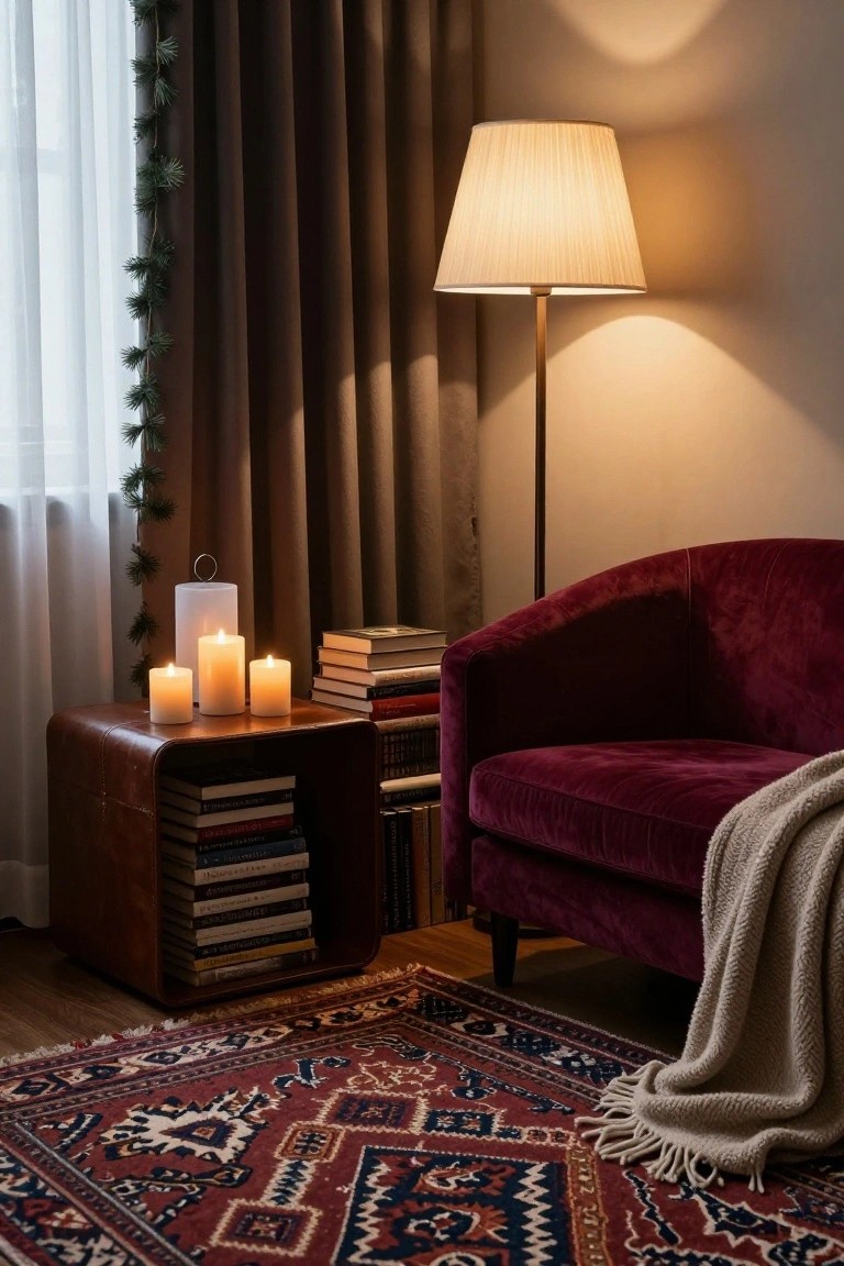 Curved red velvet armchair next to brown leather side table with stacked books, three lit white pillar candles, white cylindrical lantern, and book stacks, beside tall beige lamp, brown curtains with pine garland and white sheers, on red patterned rug in warmly lit room.