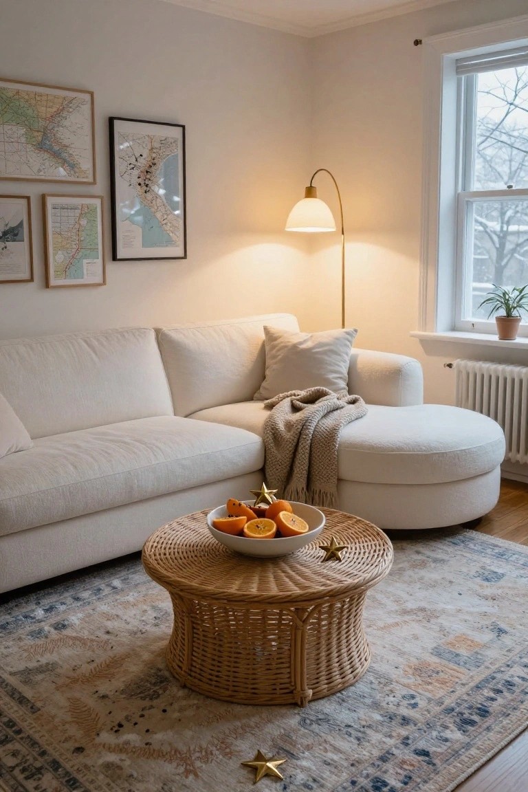 Cream curved sofa and ottoman with gray throw in a light living room corner, rattan coffee table with bowl of oranges and gold stars, arc lamp, maps on walls, window with radiator and plant.