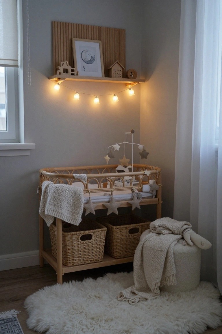 Nursery corner with light gray walls, rattan changing table holding a bassinet with white linens and star mobiles, wooden shelves displaying small houses and a moon print, warm string lights, wicker baskets, knitted blankets, a white pouf, and a large fluffy white rug on light wood floor.