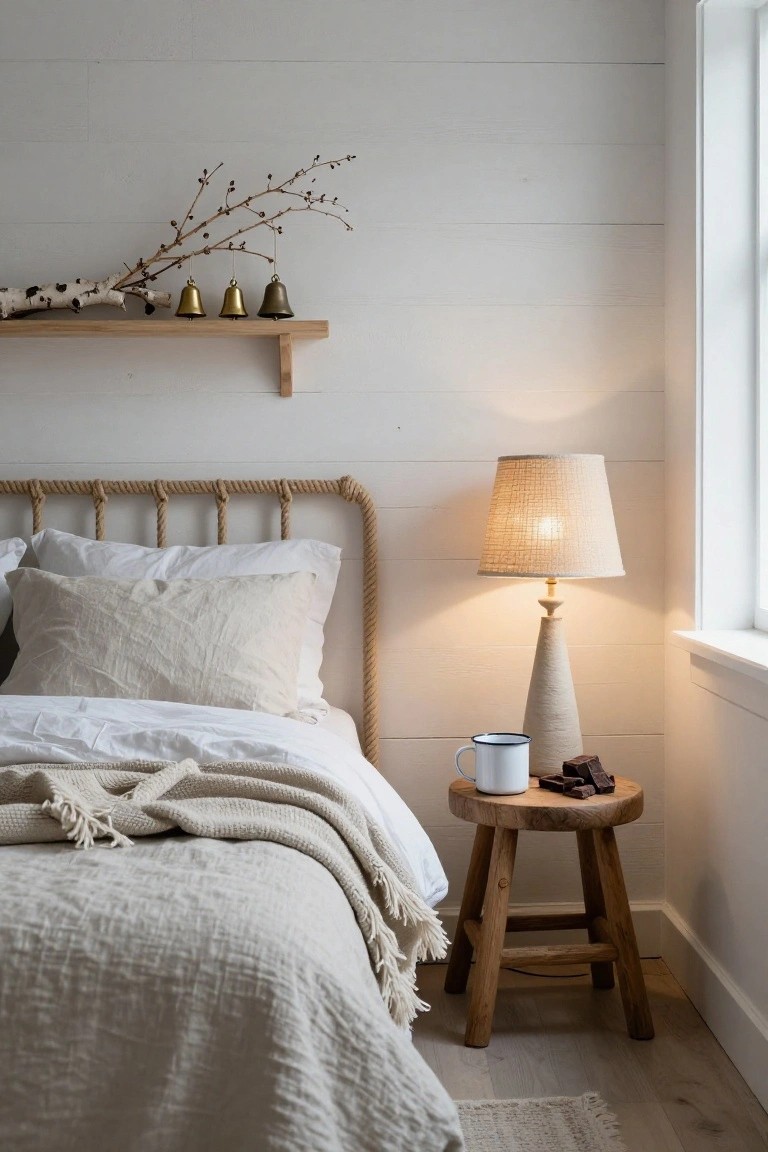 Bedroom corner showing a bed with white rope-wrapped headboard and beige linen bedding, wood shelf with birch branches and three brass bells, tapered ceramic lamp lit on floor, and round wood stool with white enamel mug and chocolate pieces.