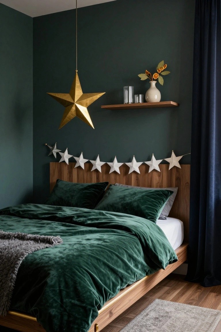 A bedroom with emerald green walls, wooden bed frame, green velvet duvet and pillows, large gold origami star pendant light, floating shelf with white vase of dried oranges and leaves, white paper star garland above bedhead, navy curtains, and gray rug on wood floor.
