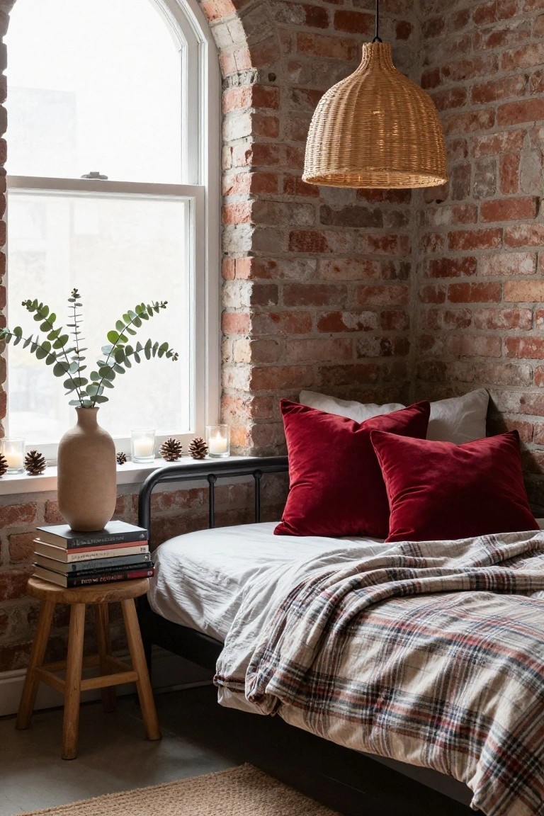Bedroom corner with exposed brick walls, arched window with candles and pinecones on sill, rattan pendant light, metal bed frame with white sheets, red velvet pillows, plaid throw, eucalyptus vase, stack of books and wooden stool.