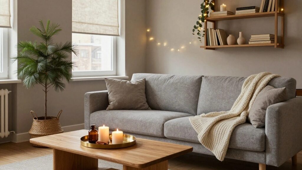 Gray living room corner with two light gray sofas draped in a knit blanket, wooden coffee table holding white candles and amber glasses on a brass tray with cinnamon sticks, potted pine tree next to ladder shelf with books, fairy lights draped on walls and window.