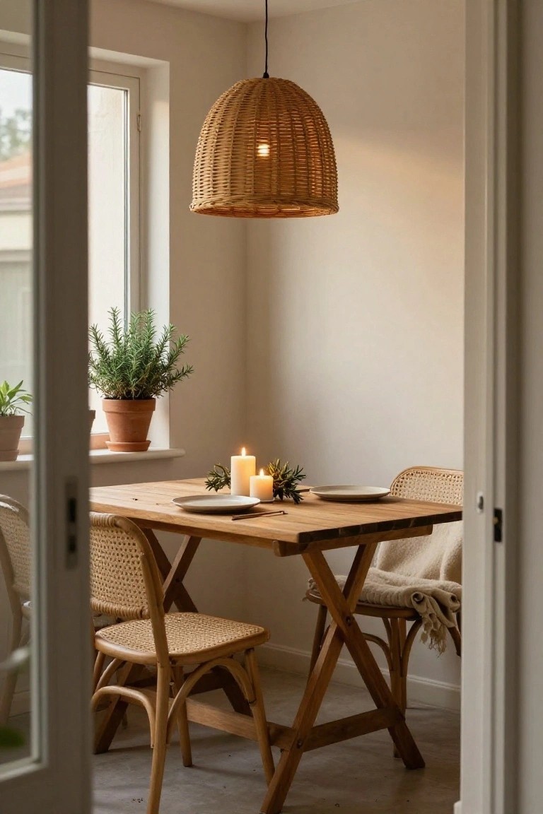 Wooden trestle dining table in a light room, set with white plates holding rosemary sprigs, pillar candles, chopsticks, under a woven rattan pendant lamp, with rattan chairs and a throw blanket on one.