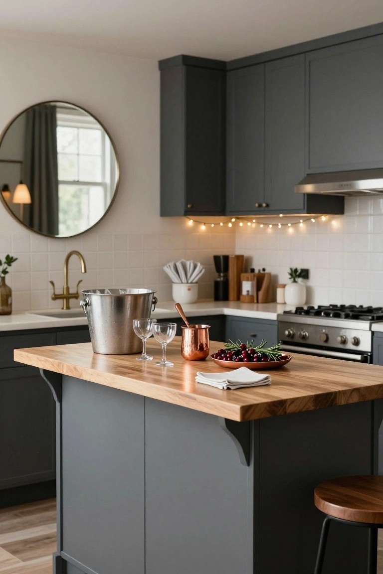Kitchen with gray cabinets, white subway tile backsplash with string lights, wooden island holding silver ice bucket with two small wine glasses, copper mug, platter of cherries and rosemary, and a wooden stool.