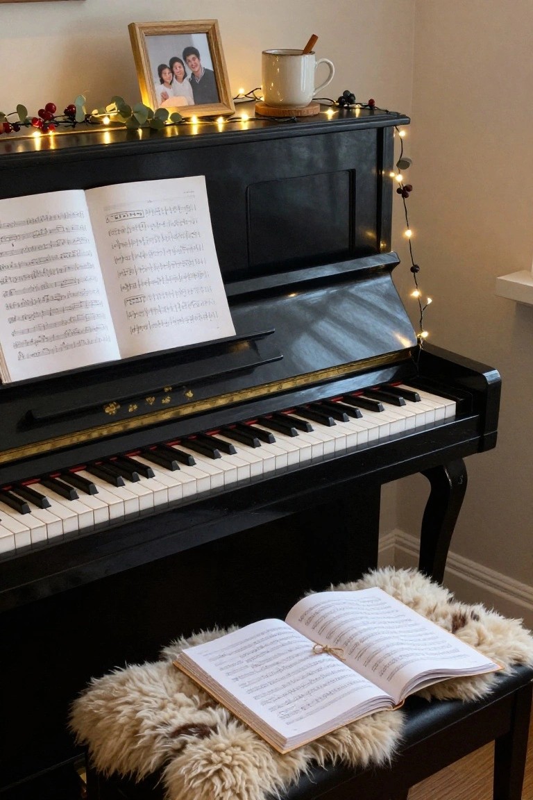Black upright piano in a room with open sheet music on the stand and stool, string lights and eucalyptus garland with red berries draped over the top, family photo frame, and white mug with cinnamon stick nearby.