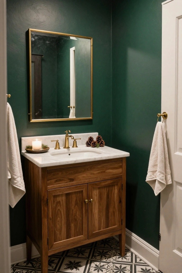 Small bathroom with deep green walls, wooden vanity cabinet, white marble sink, gold faucet and mirror frame, white towels on holders, pinecones and lit candle with greenery on counter, black and white patterned tile floor.