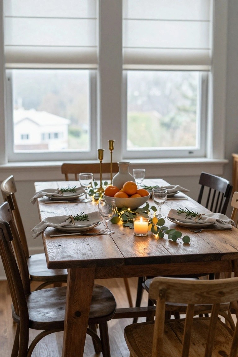 Wooden dining table set with white plates, linen napkins tied with rosemary, wine glasses, a bowl of oranges, eucalyptus garlands, and candles as centerpiece in a sunlit room with white blinds and wooden chairs.