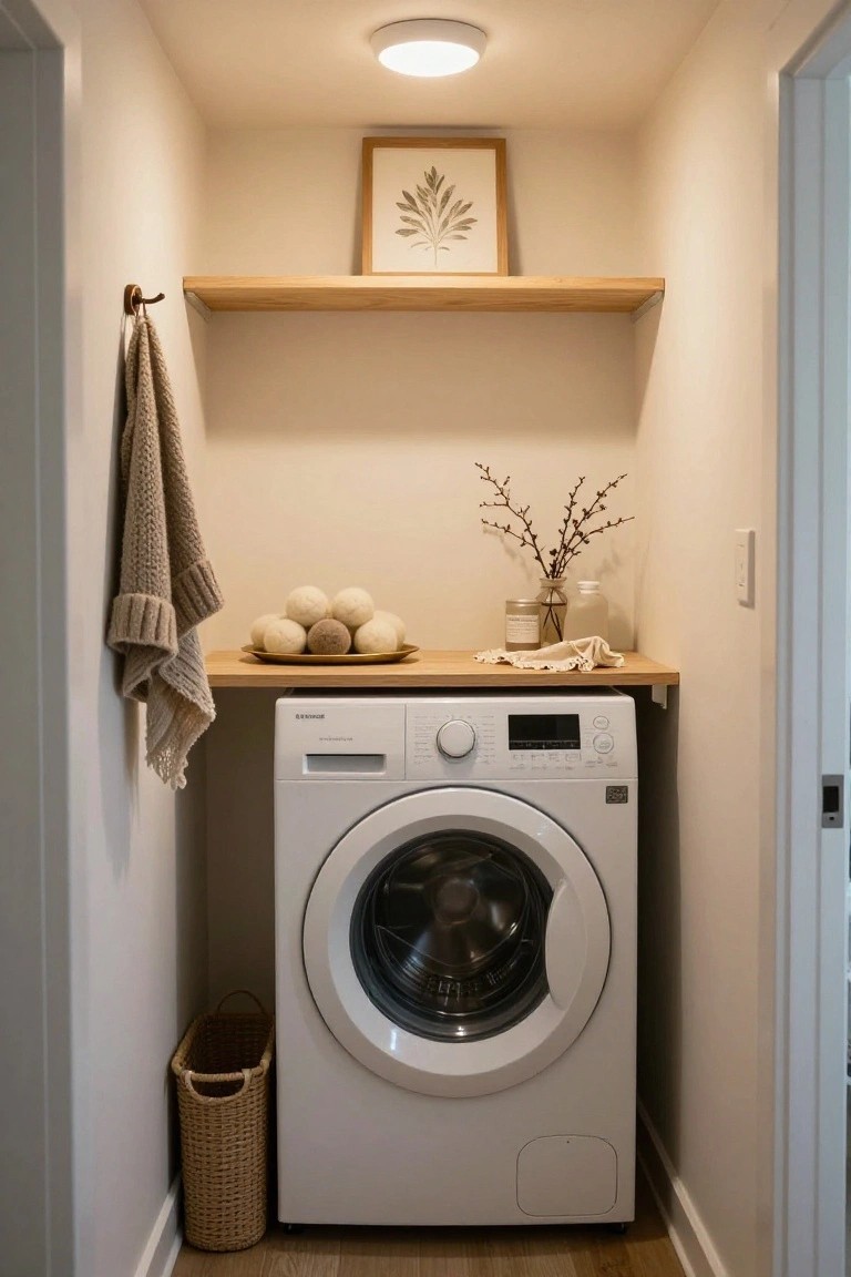 Narrow laundry room interior with white front-loading washer, oak floating shelf above holding wool dryer balls on a plate, linen cloth, vase with branches, hanging knit towel on hook, and wicker basket on wood floor beside machine.