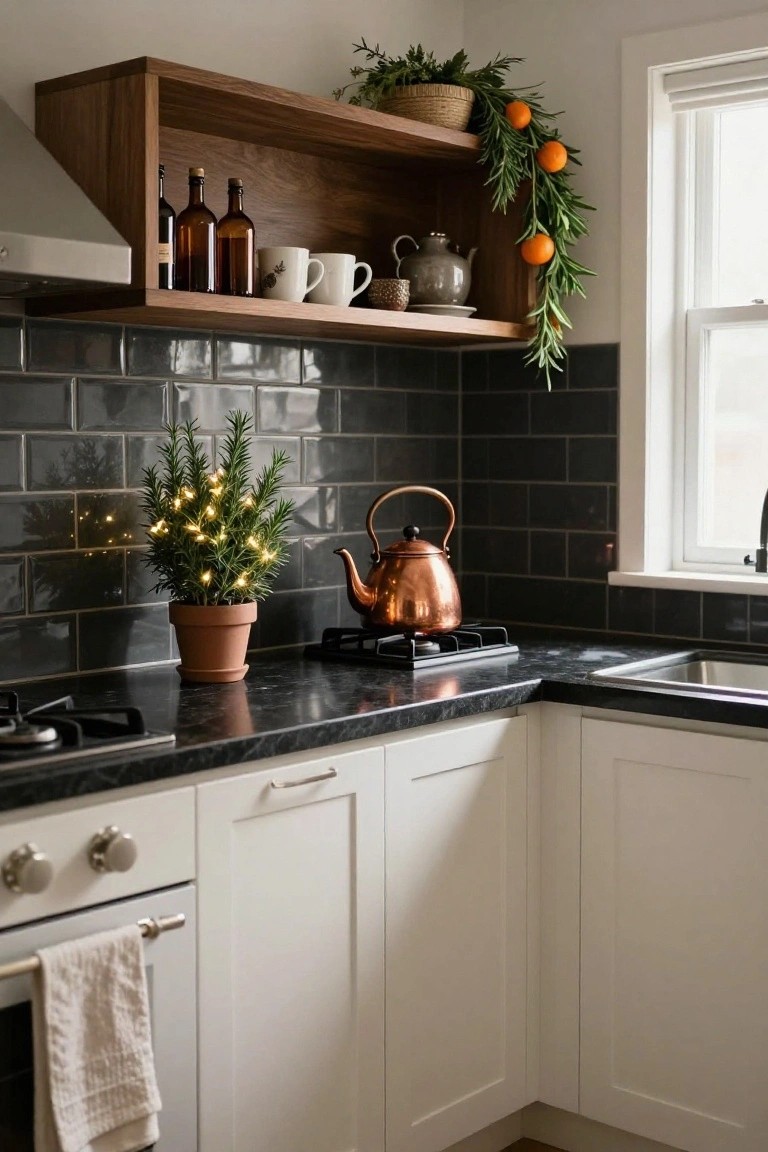 Corner kitchen with black subway tile backsplash, black granite countertop, white cabinets, wooden open shelves holding glass bottles and a teapot with hanging rosemary and orange garland, small lit rosemary tree in terracotta pot next to copper kettle on gas stove.