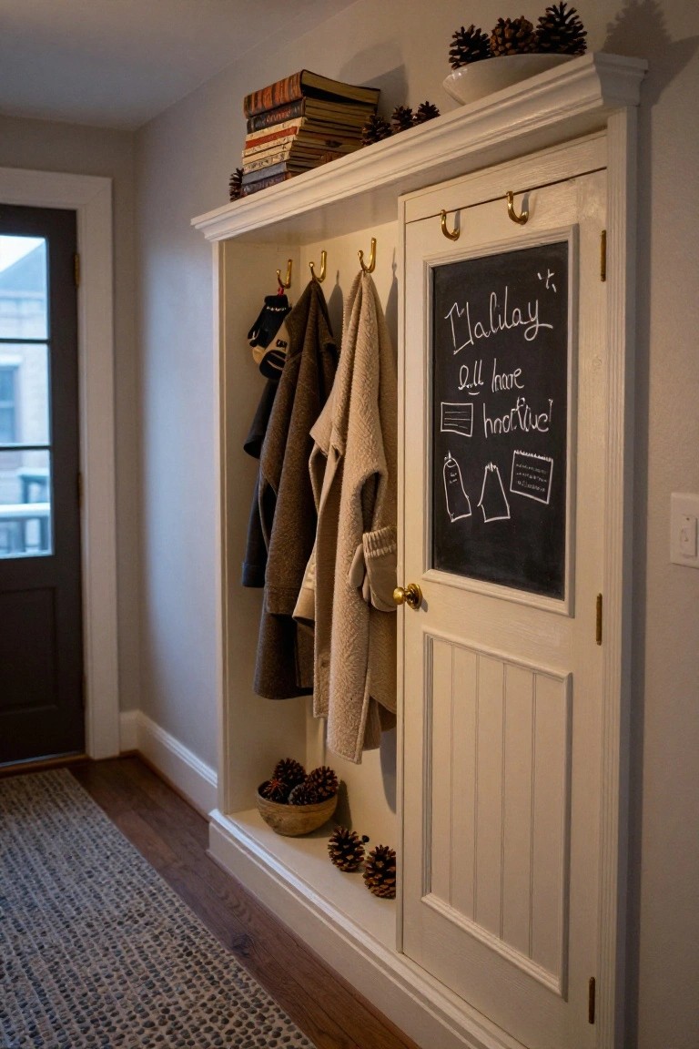 White wooden cabinet built into a mudroom wall with brass hooks holding coats and towels on the open left side, chalkboard door on the right reading 