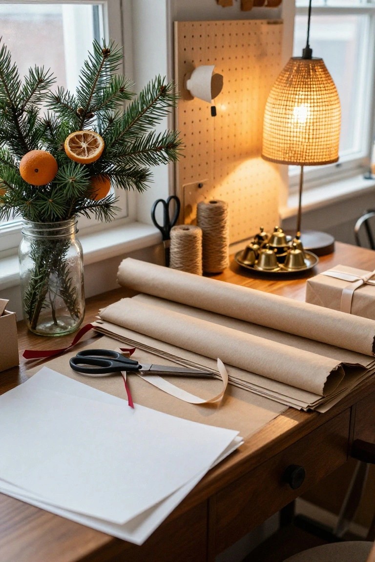 Wooden desk with rolls of brown wrapping paper, scissors, red ribbons, white paper sheets, a small wrapped gift box, and a glass jar vase of green pine branches and oranges next to gold bells on a tray.