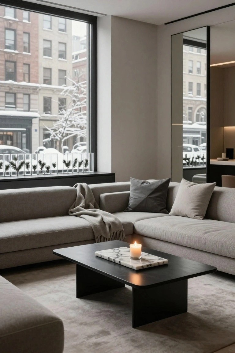 Gray L-shaped sofa with pillows and wool throw in a light gray living room, black coffee table holding a marble tray and lit white candle, row of glass vases with fir branches on wide black window sill overlooking snowy city street and buildings.