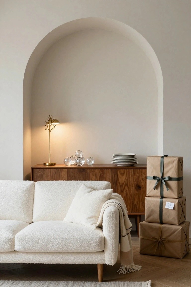 A light neutral living room corner with white bouclé sofa, wooden sideboard holding stacked wrapped brown paper gifts, glass orbs, stacked white plates, brass tree lamp, and arched wall niche on parquet floor.