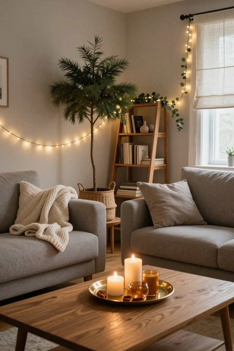 Gray living room corner with two light gray sofas draped in a knit blanket, wooden coffee table holding white candles and amber glasses on a brass tray with cinnamon sticks, potted pine tree next to ladder shelf with books, fairy lights draped on walls and window.