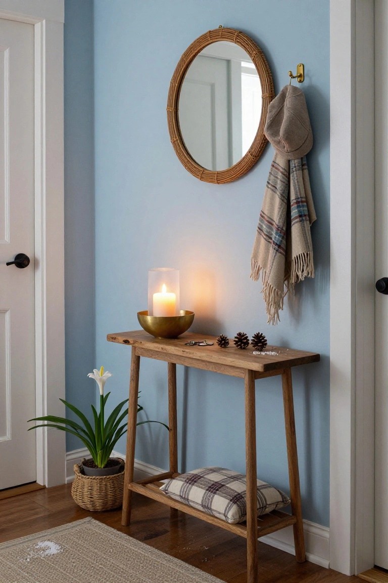 Narrow wooden console table in a light blue hallway corner between two white doors, topped with lit white candle in gold bowl, pinecones, plaid pillow, and potted lily plant in basket; rattan mirror on wall with hanging plaid scarf and hat.