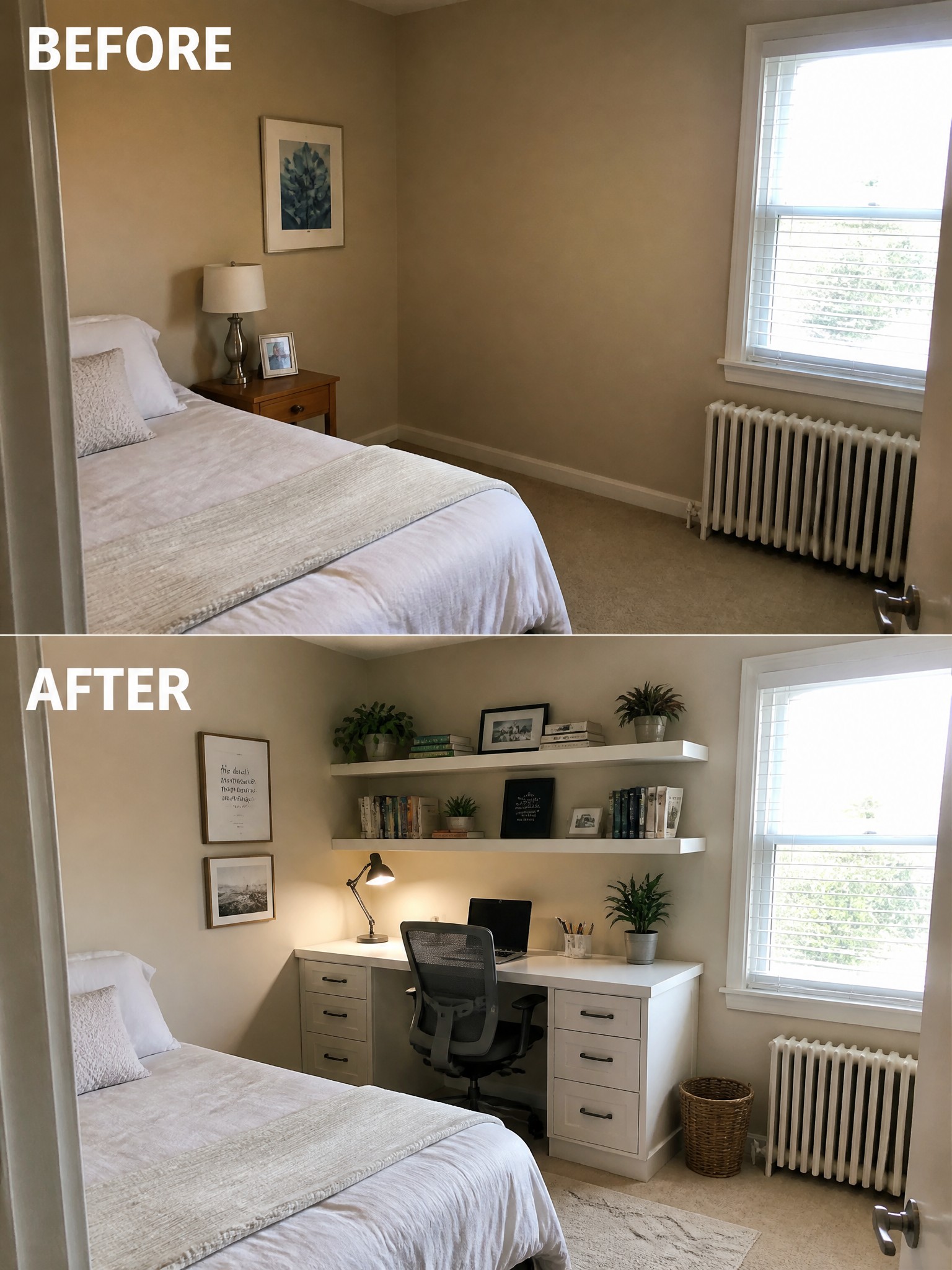 Bedroom transformation showing a cozy setup with a desk, shelves, plants, and updated decor.