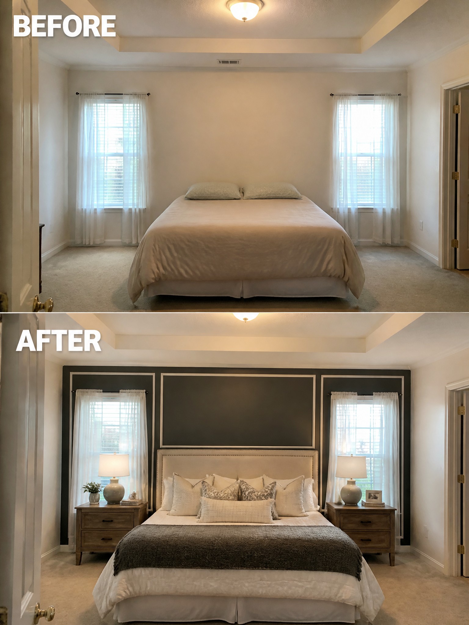 Before-and-after image of a plain bedroom transformed with a dark accent wall, trim details, nightstands, and lamps.