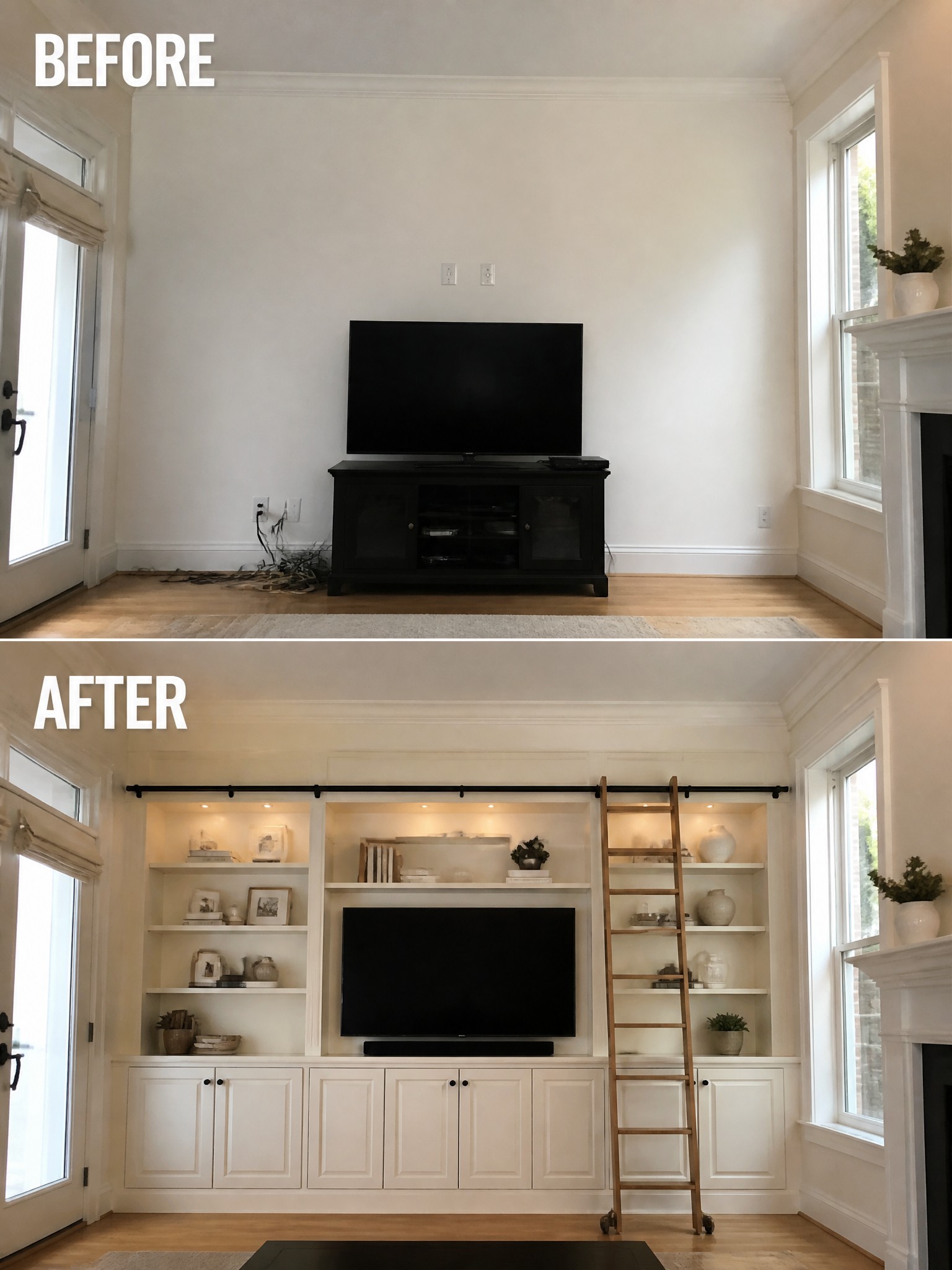 Before-and-after image of a living room TV wall changed from a standalone black cabinet to white built-in shelving, cabinets, and lighting.