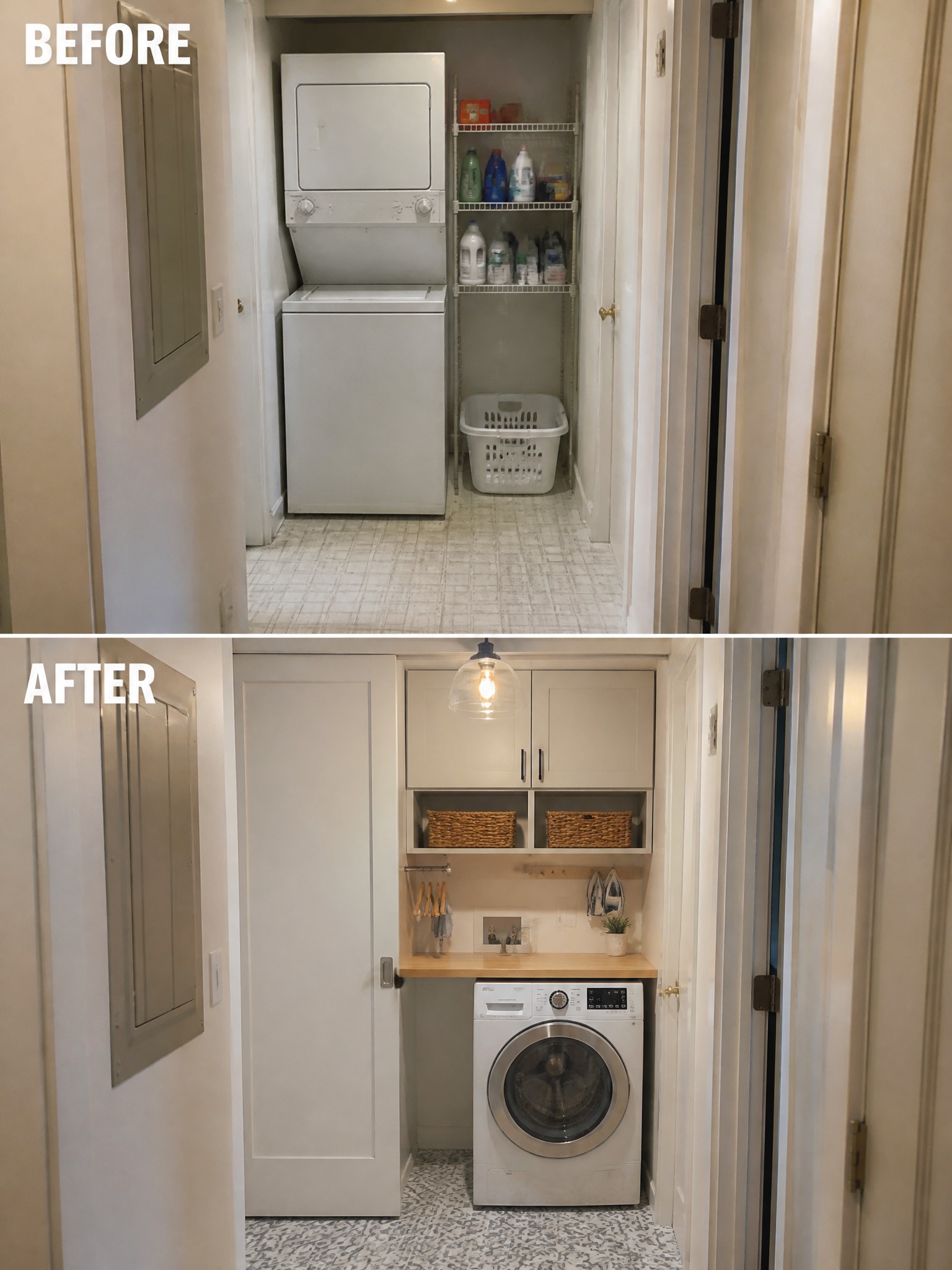 Before-and-after image of a laundry closet updated with white cabinetry, a wooden countertop, and organized storage above a front-loading washer.