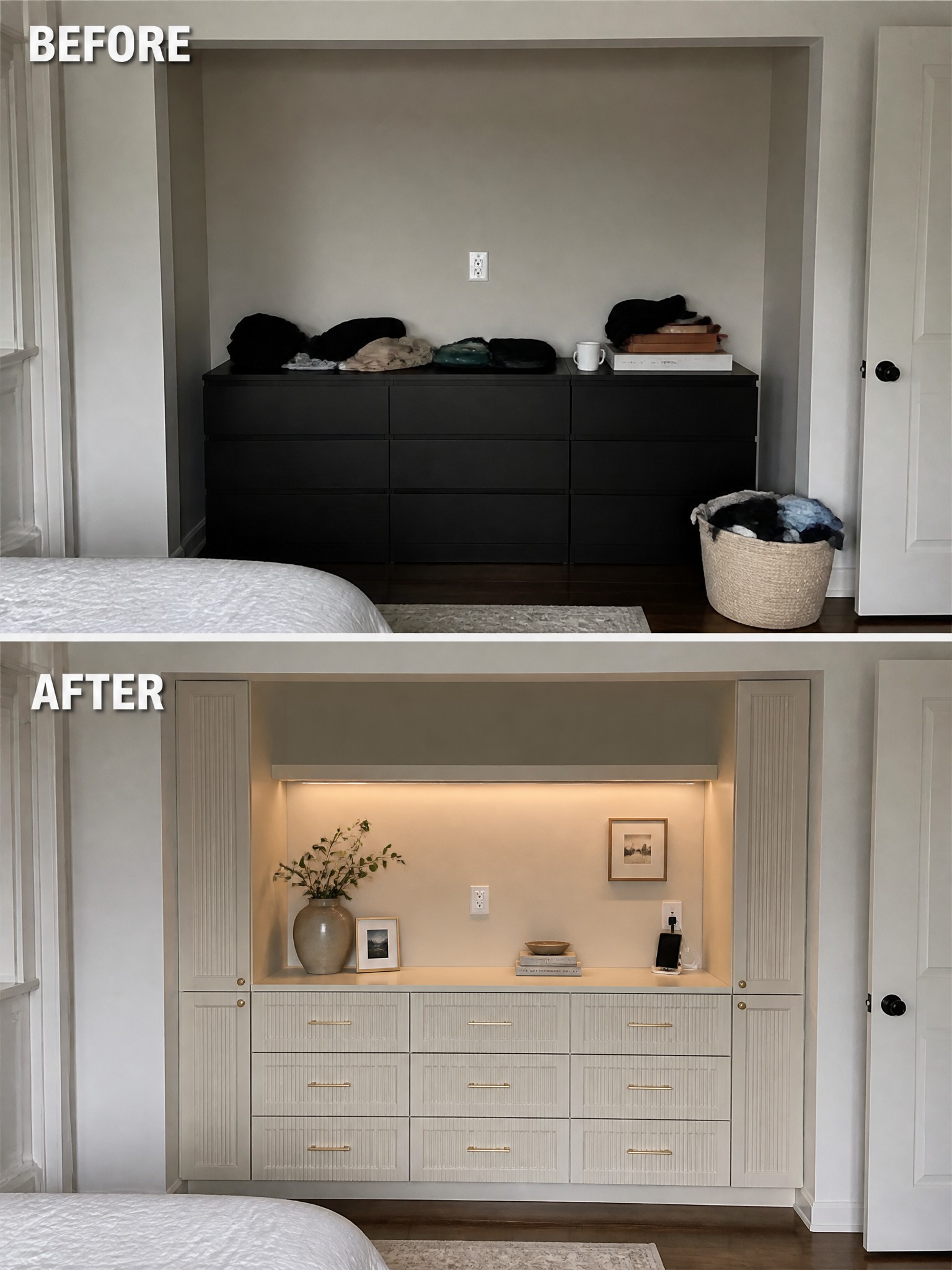Before and after transformation of a bedroom storage area, featuring dark to light cabinetry.