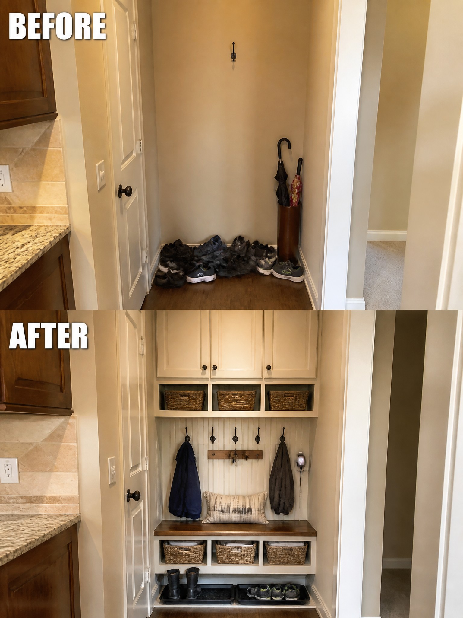 Before and after of a mudroom renovation featuring storage baskets, hooks, and a bench.
