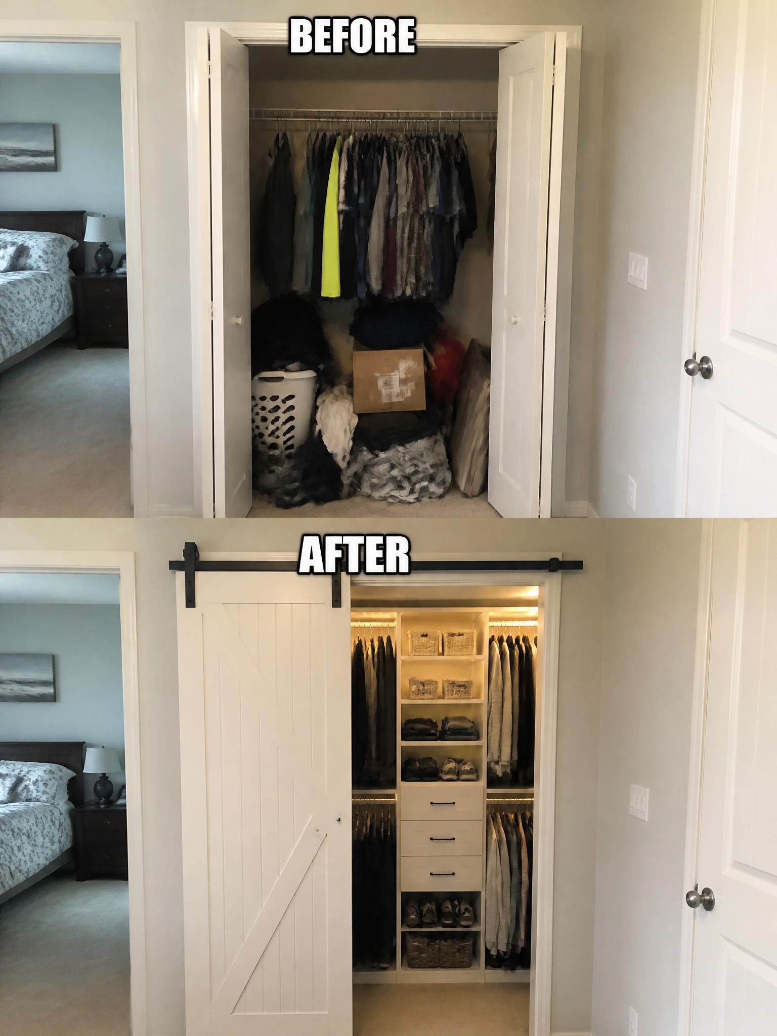 Clothing closet transformation: cluttered before with garments, organized after with neat shelving and lighting.