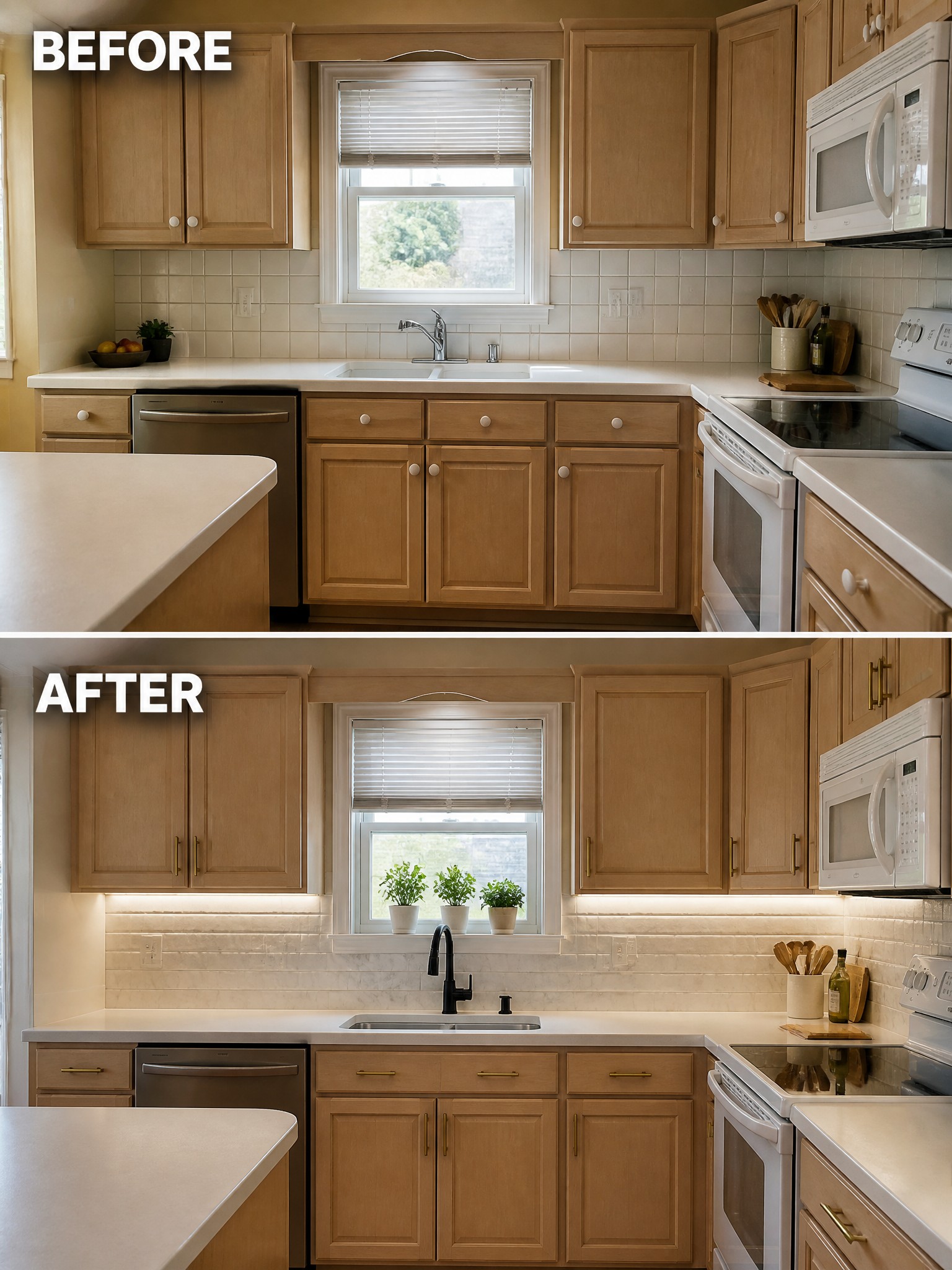 Before-and-after image of a kitchen refreshed with under-cabinet lighting, new gold hardware, and a marble-look backsplash.