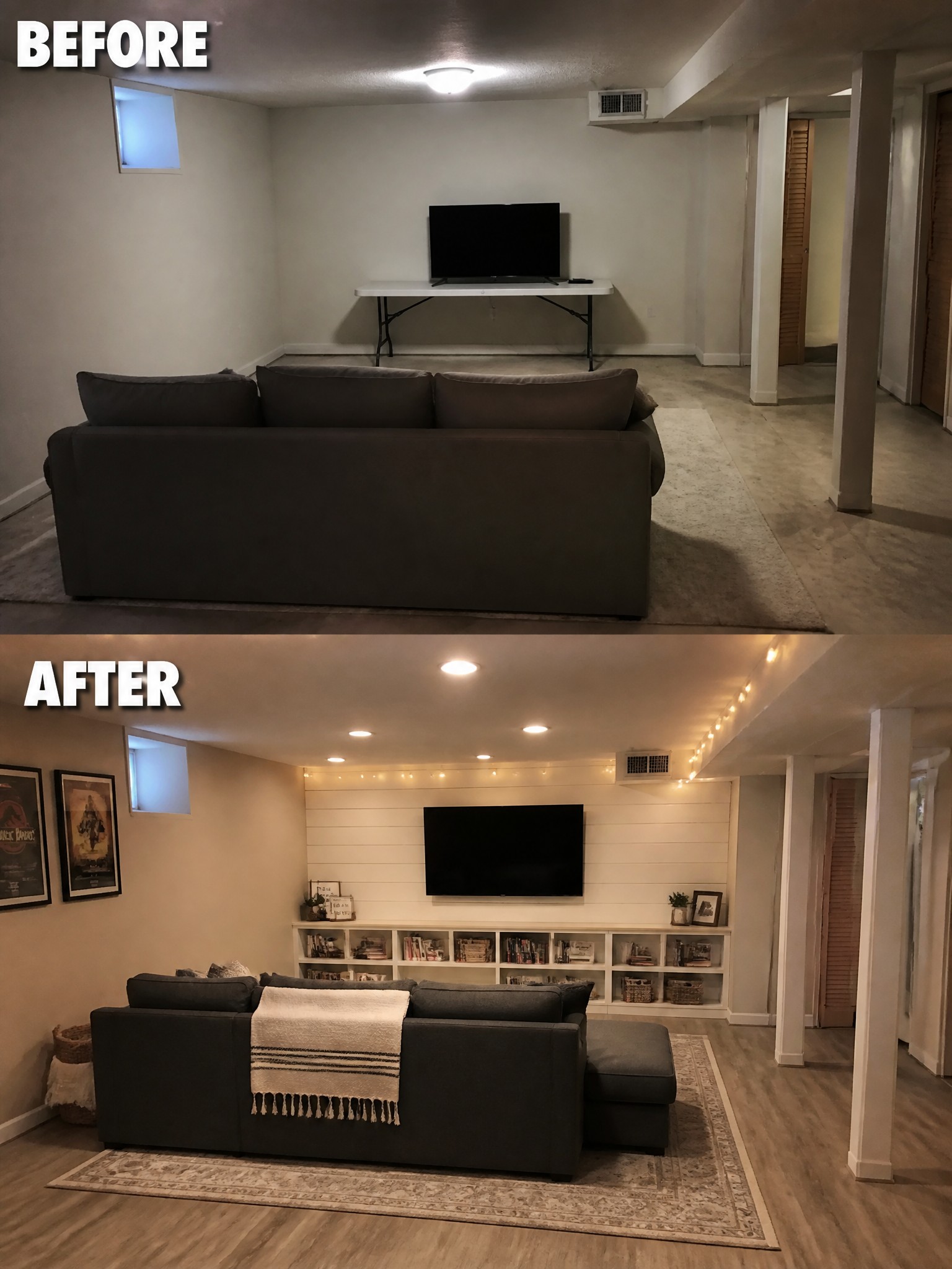Side-by-side comparison of a basement, before and after renovation, featuring furniture and decor.