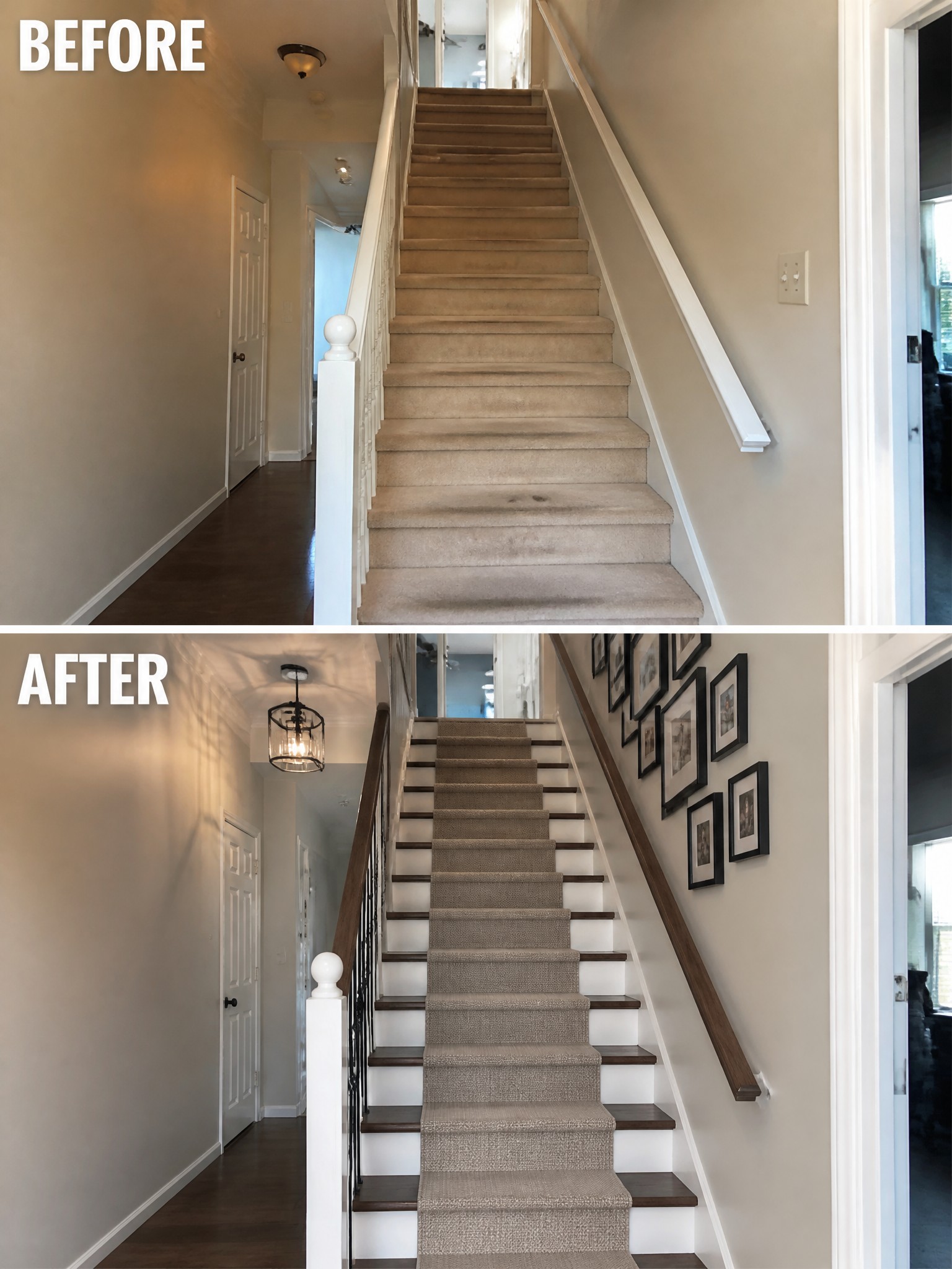 Before-and-after image of a staircase showing plain walls and basic white railing changed by adding a gallery wall, updating the handrail, and installing a new pendant light.