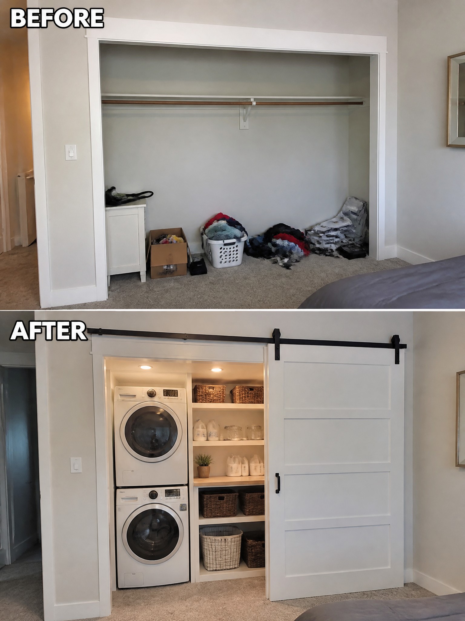 Before-and-after image of a cluttered open closet changed into an enclosed laundry room with stacked washer and dryer, shelves, and a white sliding barn door.