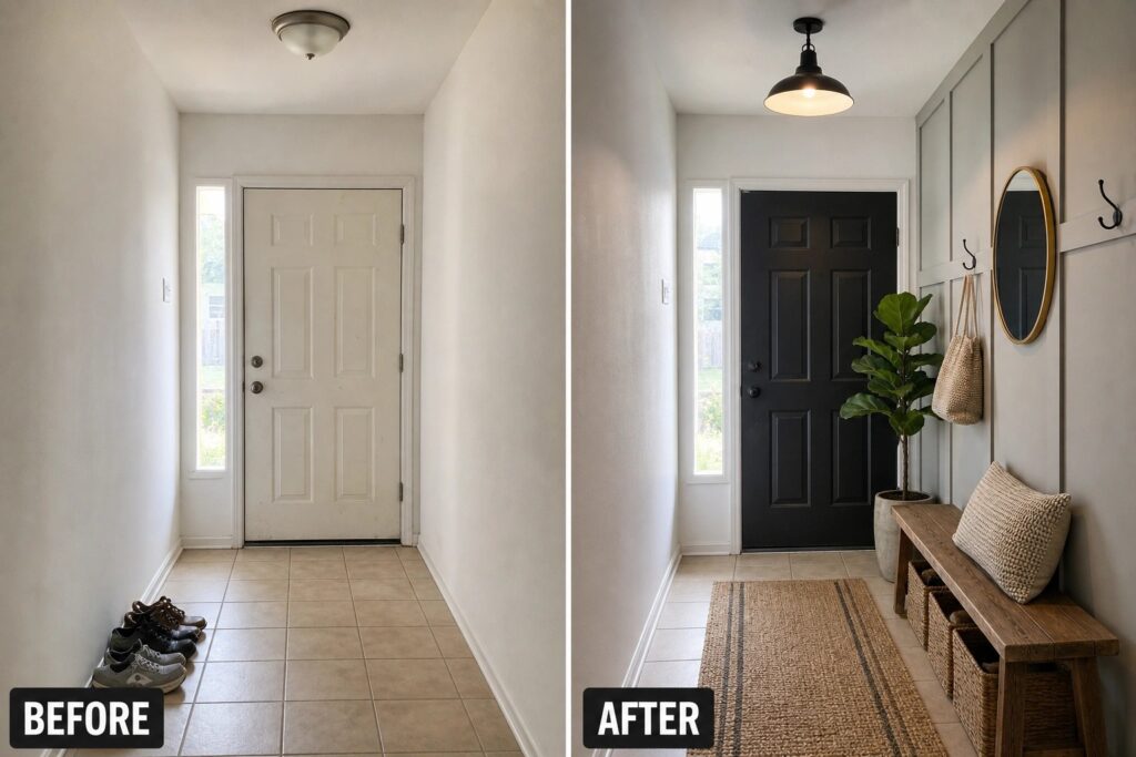 Before and after entryway transformation featuring a black door, bench, and decorative plants.