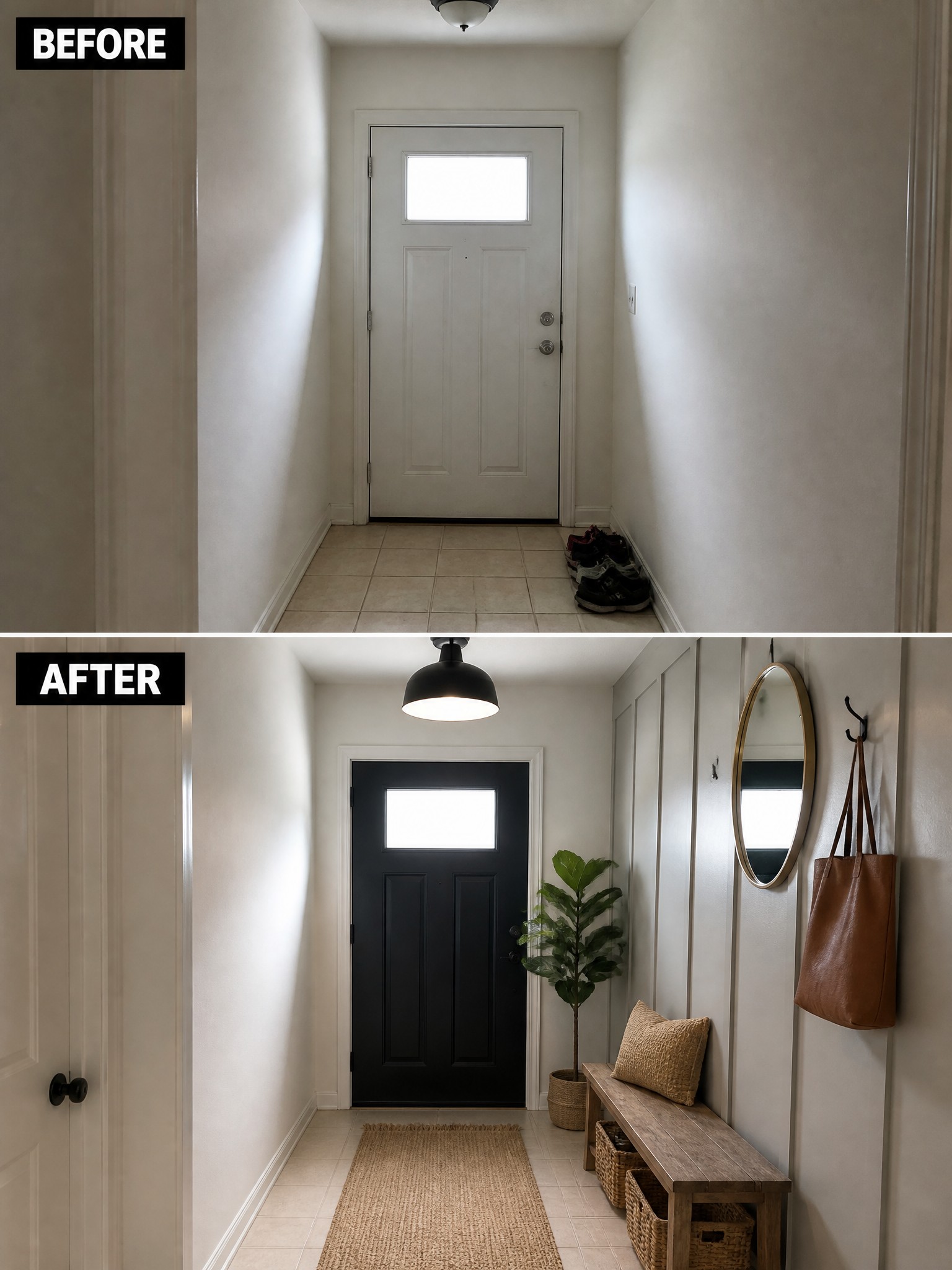 Before and after entryway transformation featuring a black door, bench, and decorative plants.