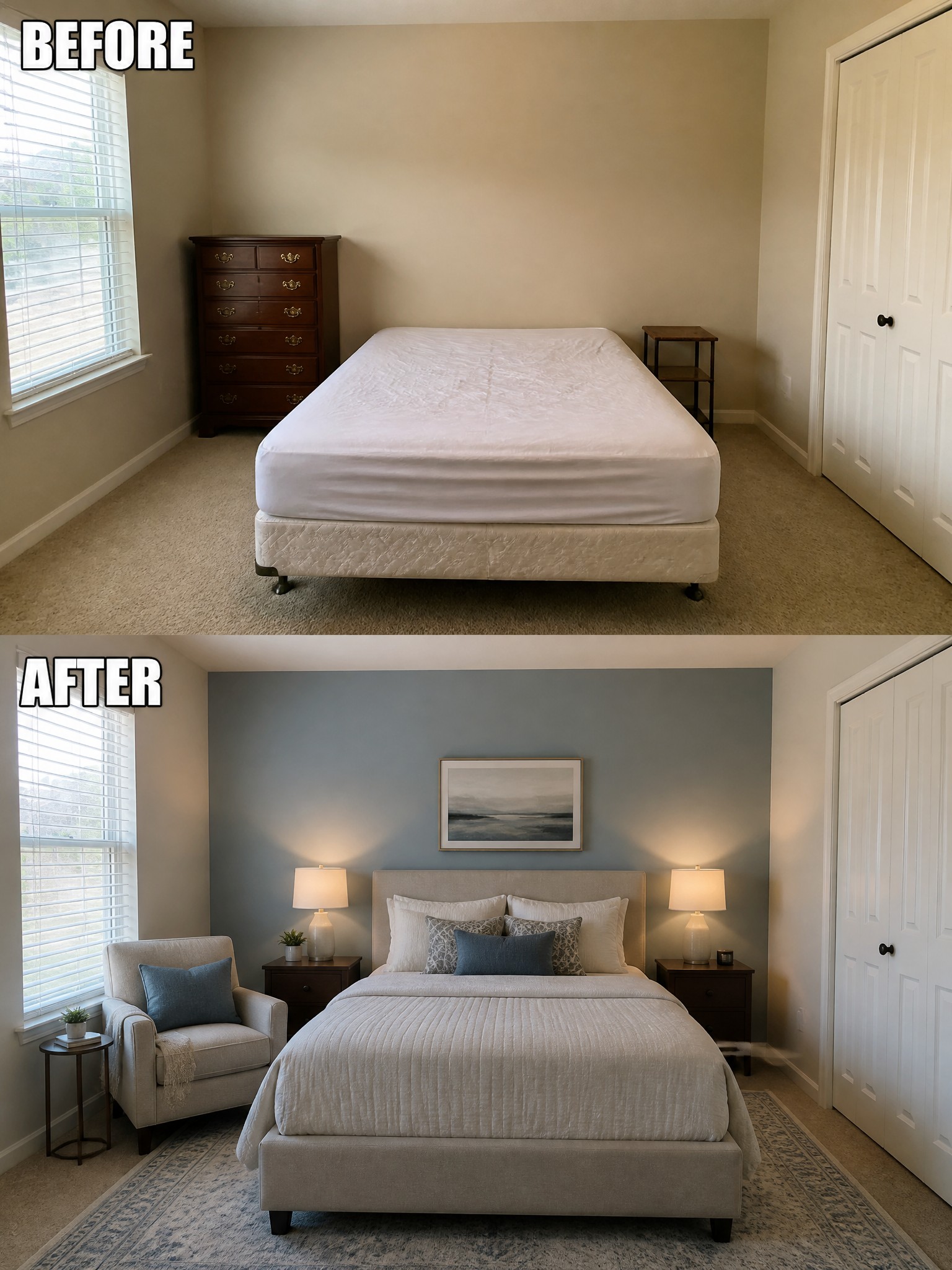 Before-and-after image of a basic bedroom updated with an accent wall, upholstered bed, nightstands with lamps, a rug, and an accent chair.