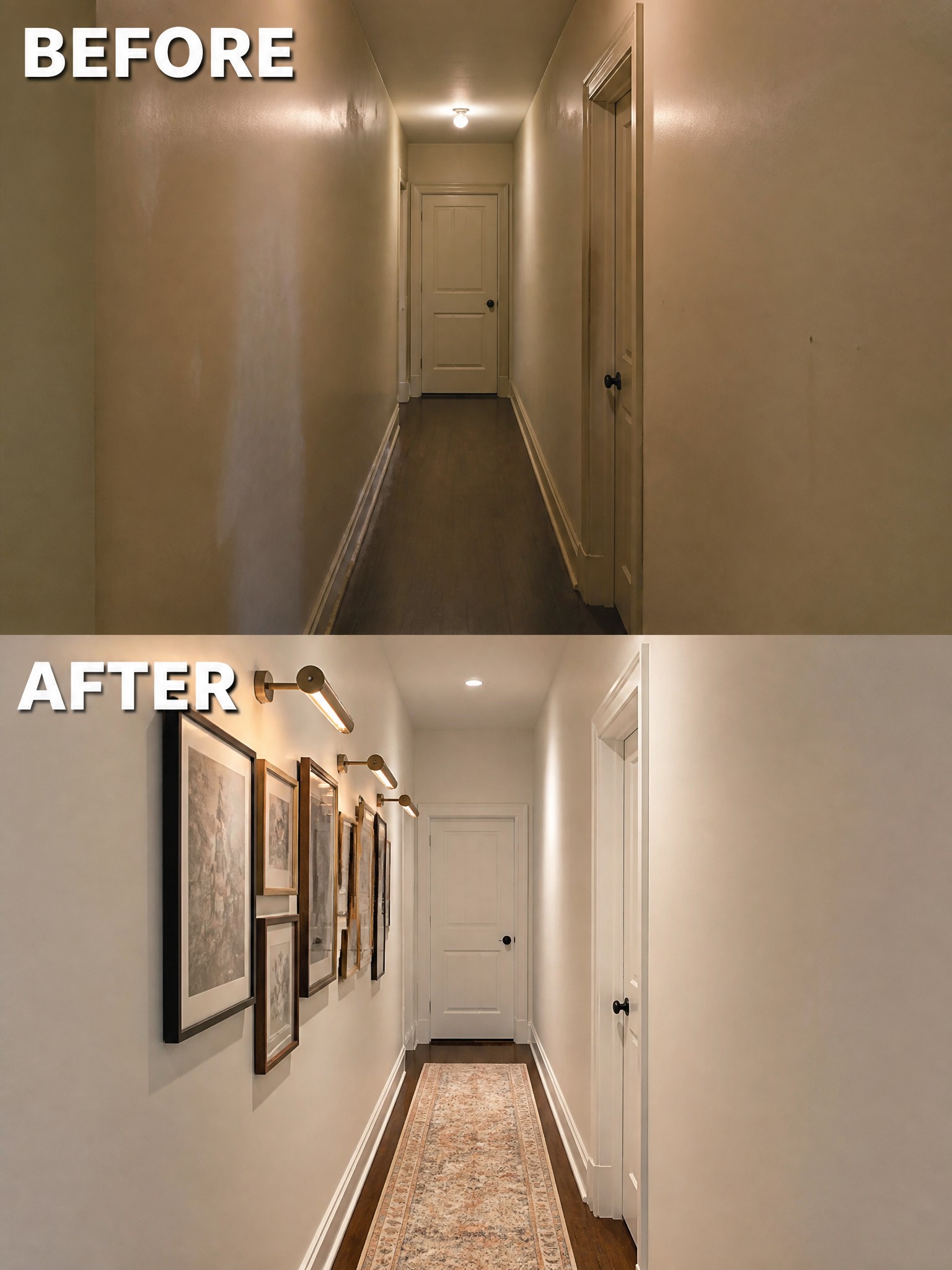 Before-and-after image of a plain hallway transformed with a gallery wall, wall sconces, and a runner rug.