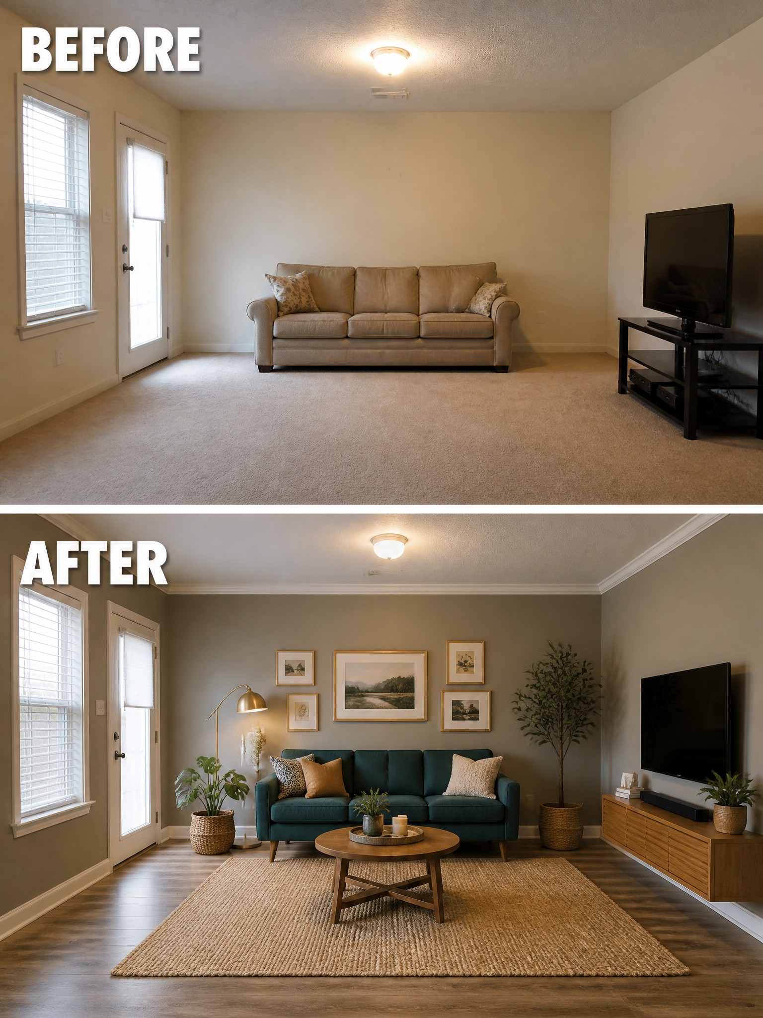 Before-and-after image of a beige living room updated with painted walls, hardwood floors, a teal sofa, and a large area rug.