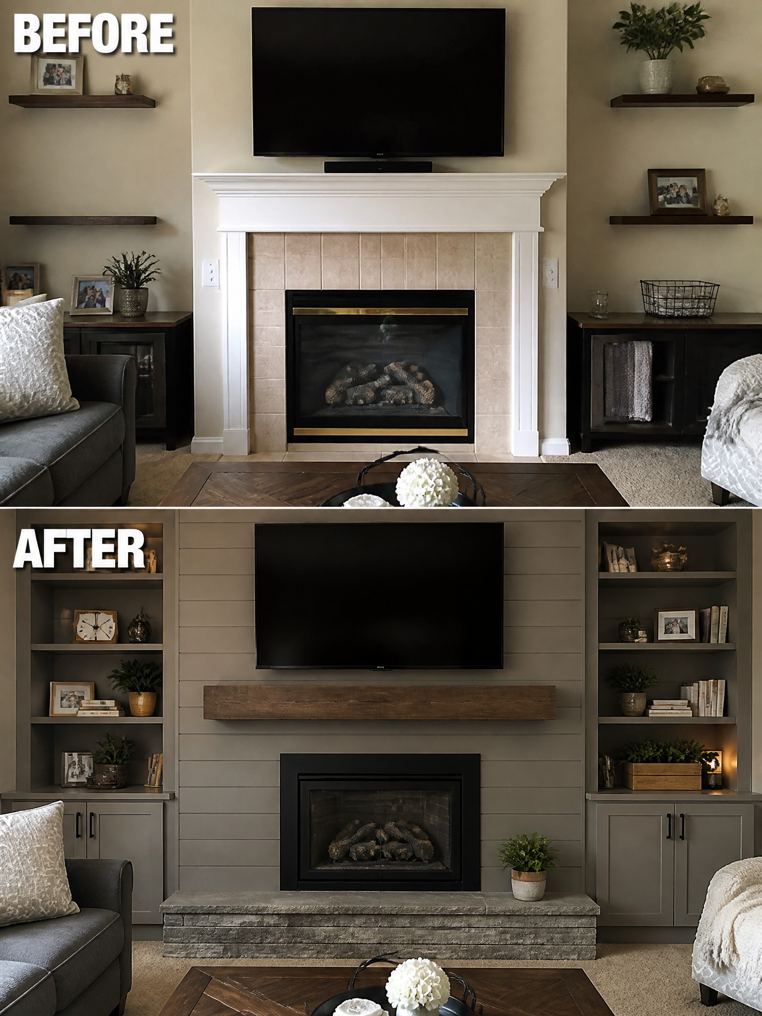 Living room transformation: before and after, featuring modern decor, warmer tones, and sleek fireplace.
