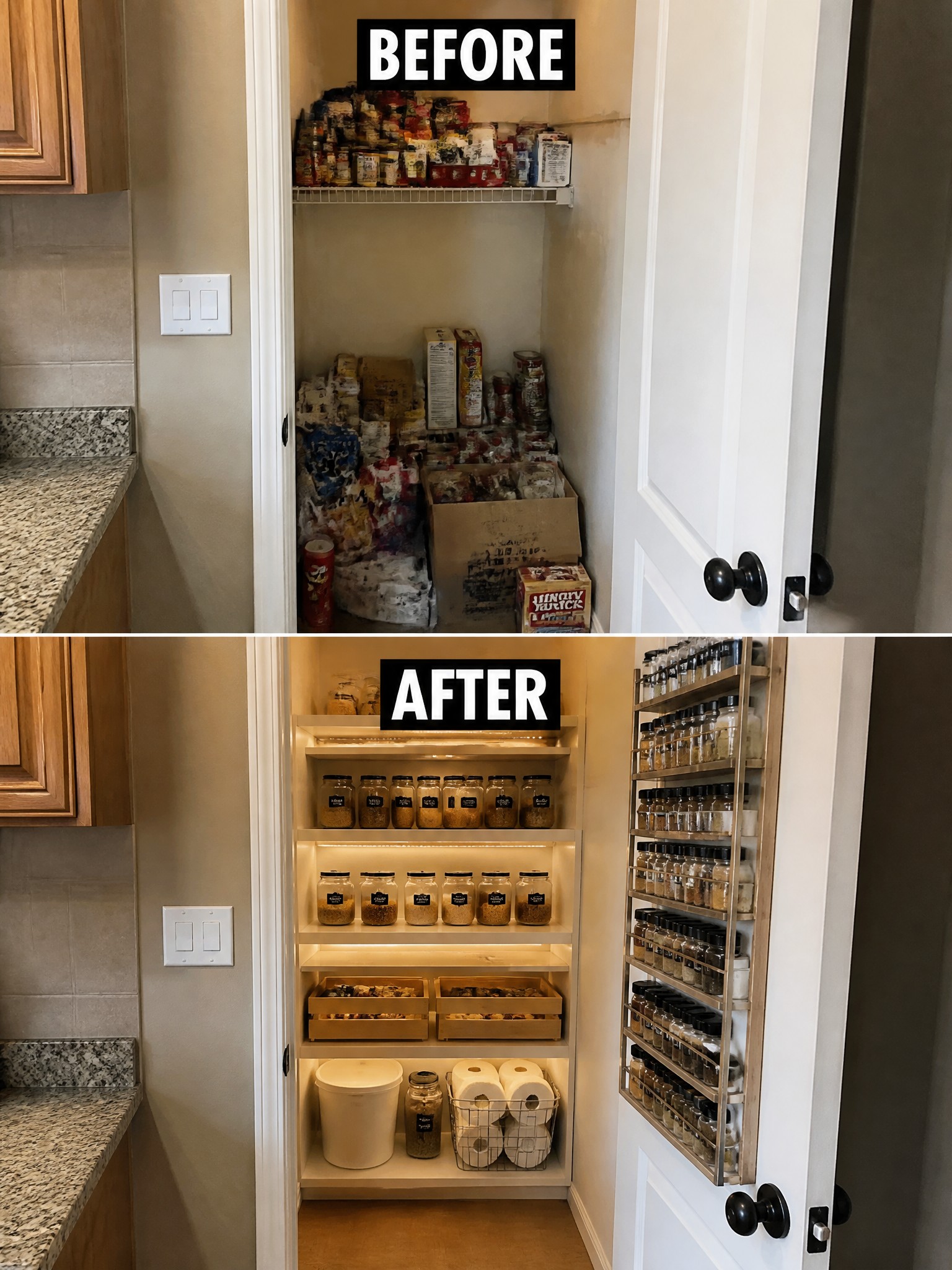 A pantry area before and after organization, labeled containers, and neatly arranged items.