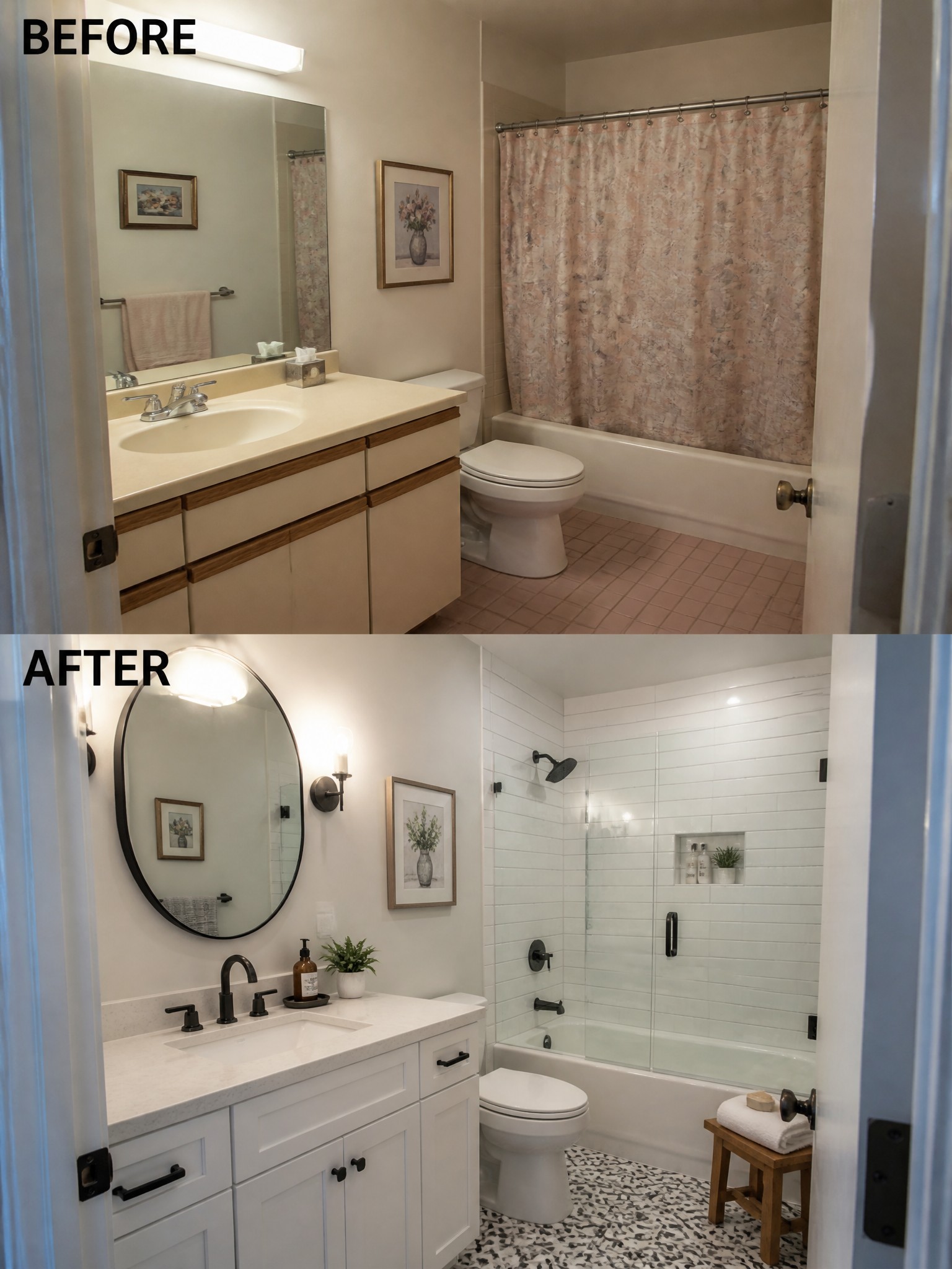 Before-and-after image of a bathroom updated with a white vanity, round mirror, white subway tile, and terrazzo floor.