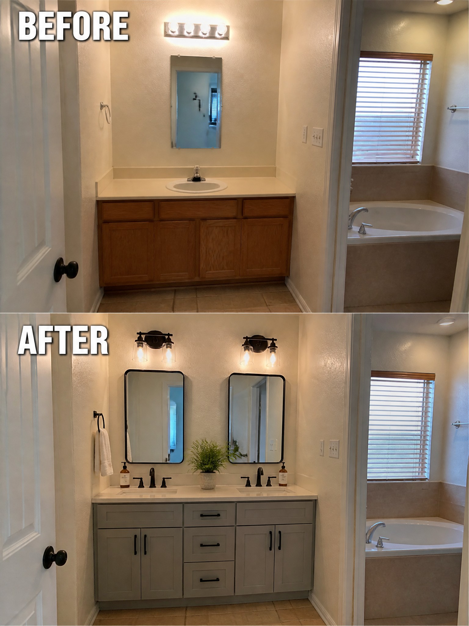 Before and after bathroom renovation showcasing updated cabinetry, mirrors, and lighting.