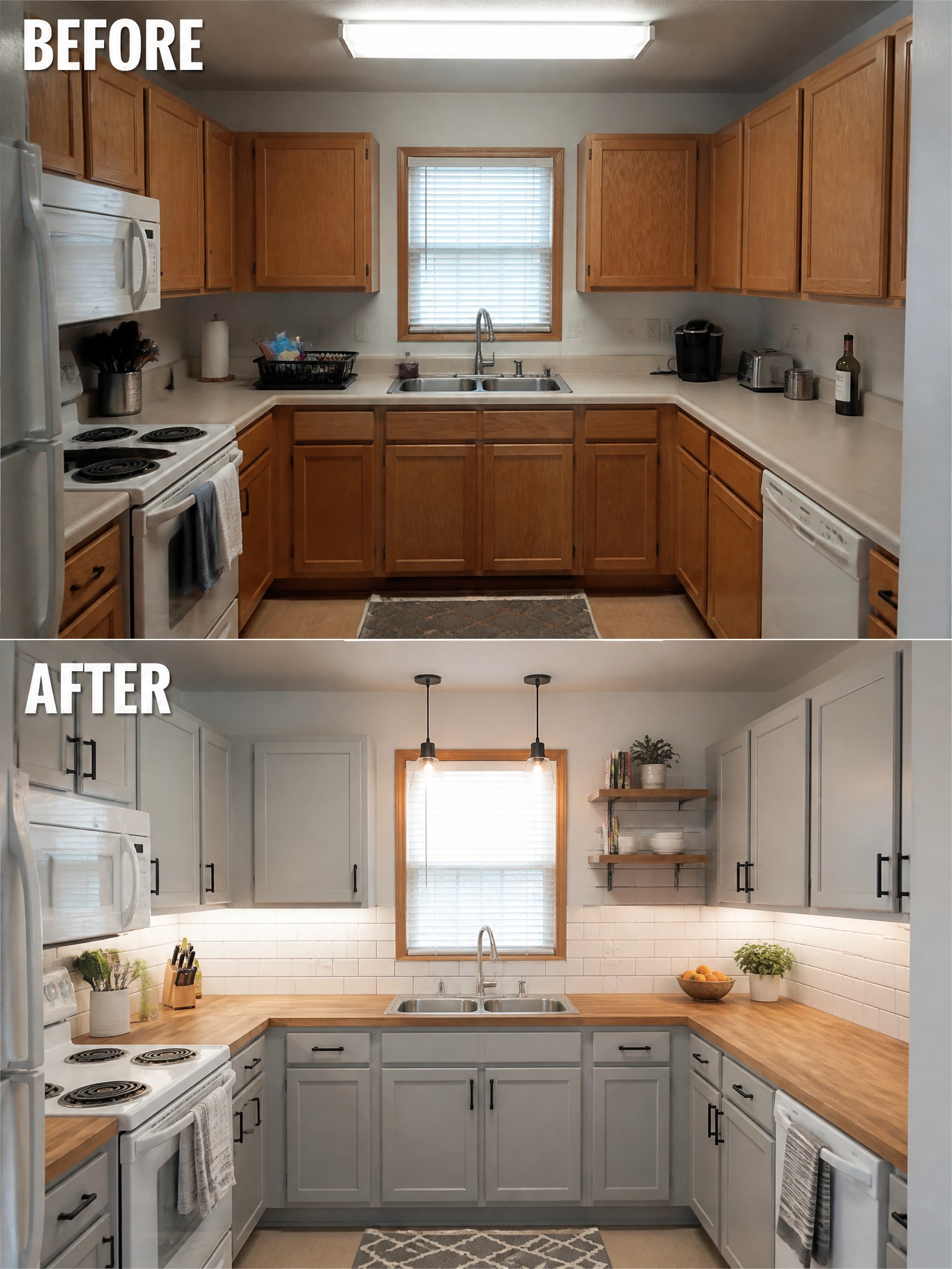 Before-and-after image of a kitchen with oak cabinets and white appliances updated to gray cabinets, wood countertops, and modern lighting.