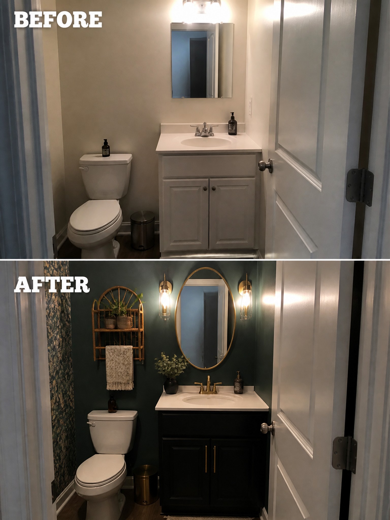 Before-and-after bathroom renovation showcasing white cabinetry versus dark cabinetry, stylish lighting, and decorative accents.