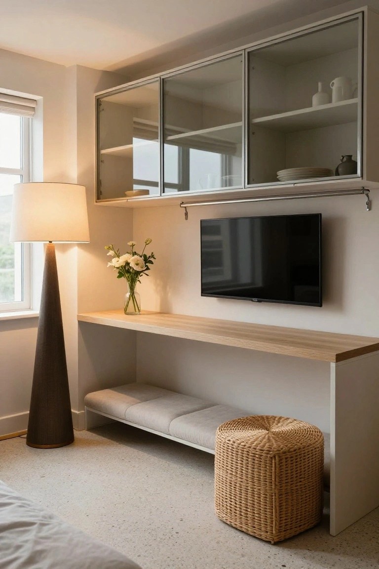 Corner of a light-filled studio apartment with a built-in wooden desk shelf, overhead glass cabinets, wall-mounted TV, tall floor lamp, bouquet of white flowers, cushioned bench below desk, and woven stool nearby.