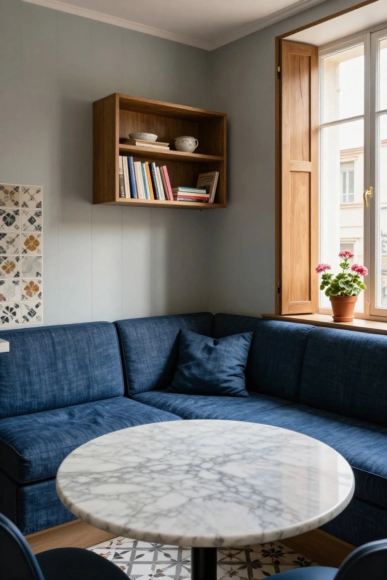 Corner seating area in a pale gray room with navy blue L-shaped sofa, round white marble table on black pedestal base, wooden wall-mounted bookshelf holding books and ceramics, colorful tiled wall art, and potted pink geranium on windowsill with wooden shutters.