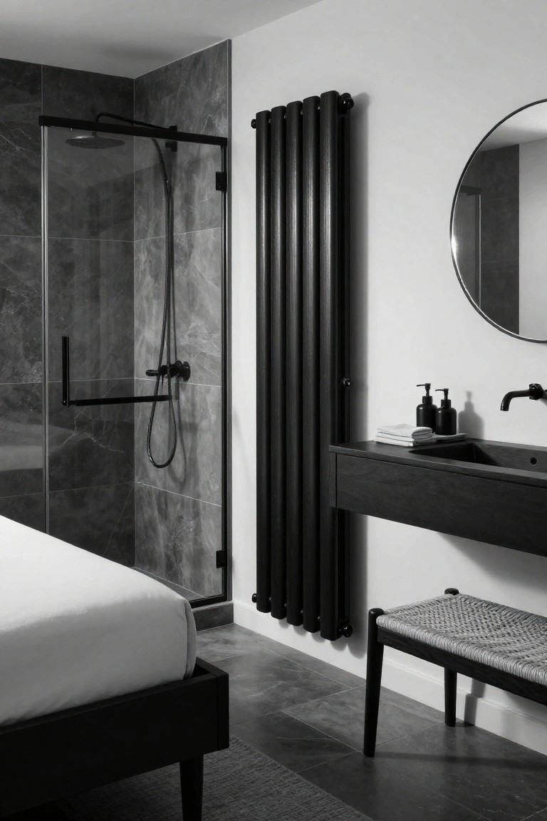Black-and-white photo of a compact modern bathroom with dark slate wall tiles, black-framed glass shower enclosure, tall vertical black column radiator, black wall-mounted sink vanity, round mirror, dispenser bottles, woven stool, and edge of a white bed with black frame in foreground.