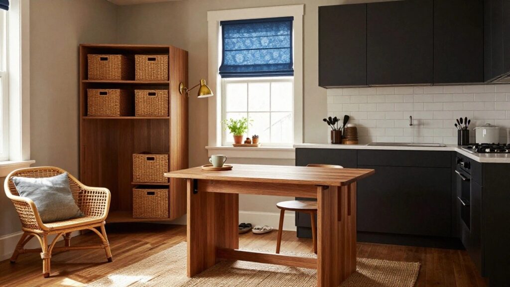 Small studio apartment interior with dark matte kitchen cabinets, white subway tile backsplash, wooden dining table and rattan chairs next to a low wooden bed frame, wicker baskets on open shelves, and potted plants on windowsill.